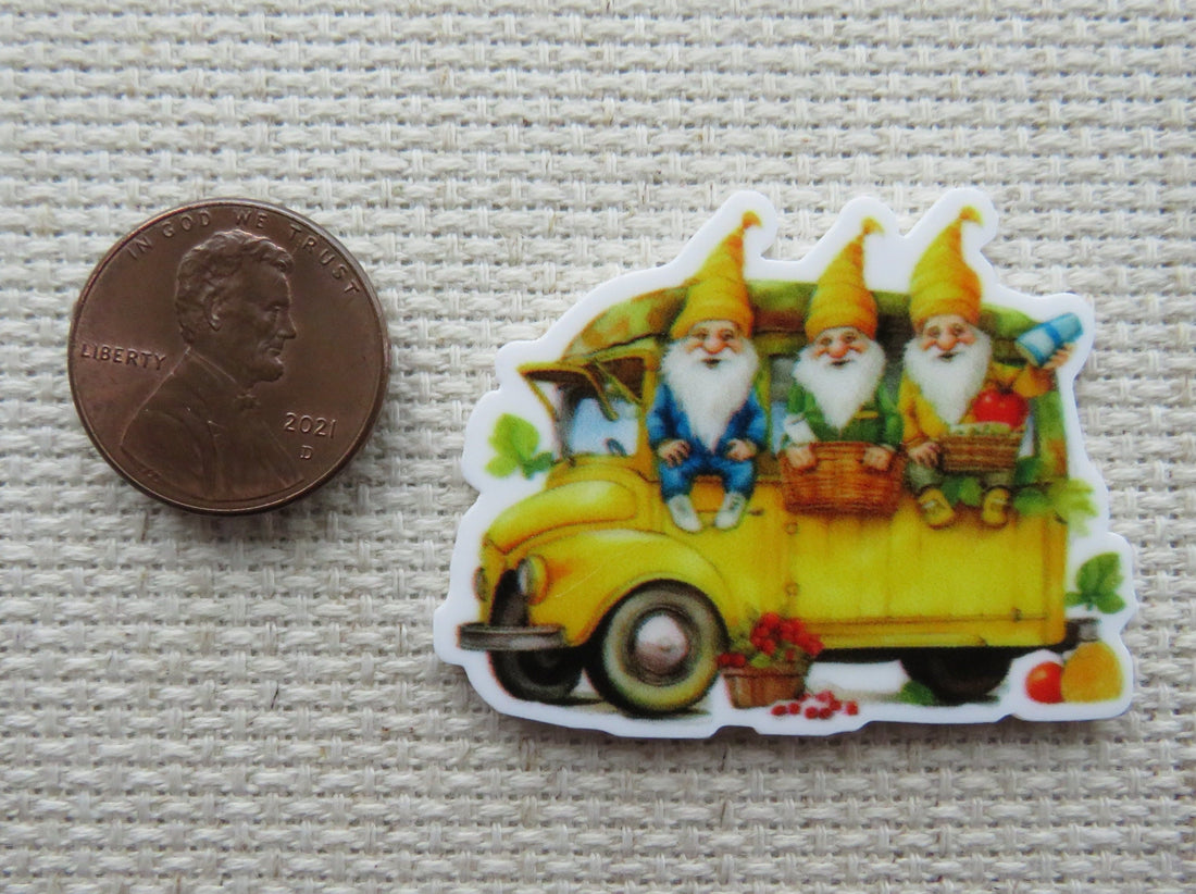 First view of Yellow Gnome Bus Needle Minder.