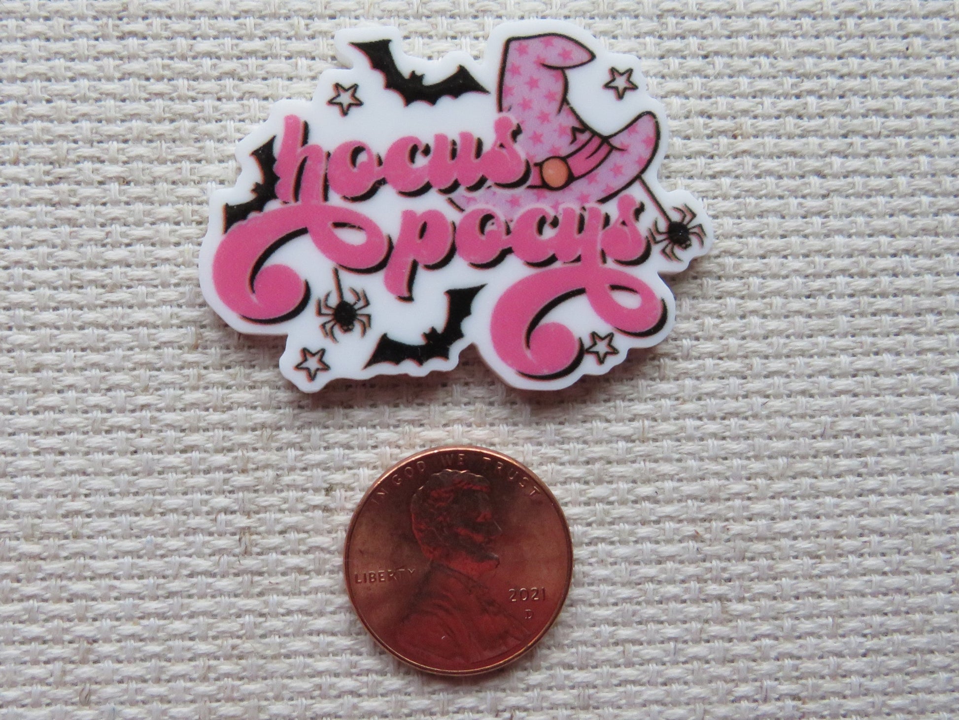 Second view of Pink Hocus Pocus Hat Needle Minder.